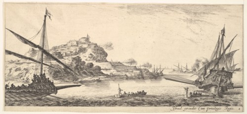 Plate 8: A the bow of a galley at left and another galley at right, seen from behind..., ca. 1641. Creator: Stefano della Bella.