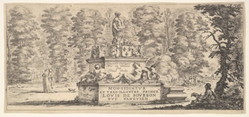 Plate 1: a monument with statues and a coat of arms in the center, a draughstman on th..., ca. 1641. Creator: Stefano della Bella.