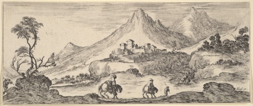 Two horseman descend a hill in center, following another man on foot, a castle in the ..., ca. 1641. Creator: Stefano della Bella.