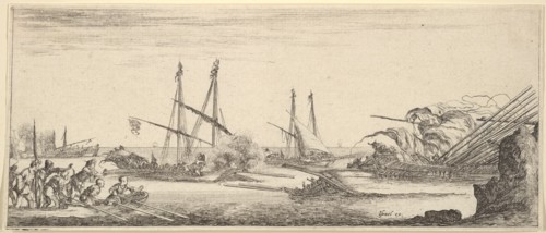A naval battle, a rowboat full of men to left, a sinking ship to right, two galleys ba..., ca. 1641. Creator: Stefano della Bella.