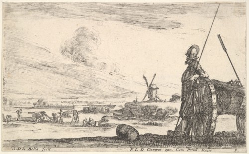 Plate 5: A Pikeman standing at right next to a canon, other military figures in the ba..., ca. 1641. Creator: Stefano della Bella.