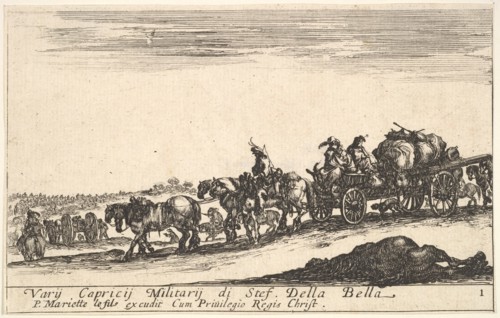 Plate 1: A horse drawn cart carrying people and goods, dead horse in the foreground, f..., ca. 1641. Creator: Stefano della Bella.