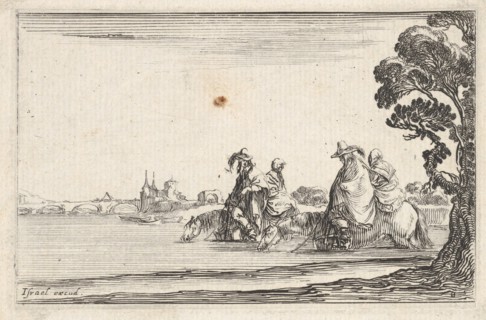 Plate 8: two horsemen in hats at right, each with a woman seated behind them, riding t..., ca. 1642. Creator: Stefano della Bella.