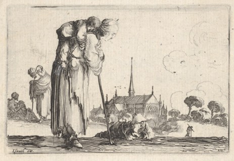 Plate 10: a peasant woman turned towards the right with a child on her back, a boy lyi..., ca. 1642. Creator: Stefano della Bella.
