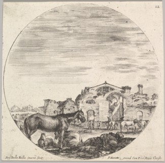 Plate 12: a shepherd sleeping on the ground to right, three horses to left, other h..., ca. 1643-48. Creator: Stefano della Bella.
