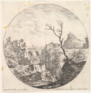 Plate 7: a triple waterfall, a dead tree to right, a mountain and a herd of cows to..., ca. 1643-48. Creator: Stefano della Bella.