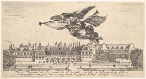 View of the Palais Cardinal, the figure of Fame at top center flying towards the left a..., 1649-51. Creator: Stefano della Bella.