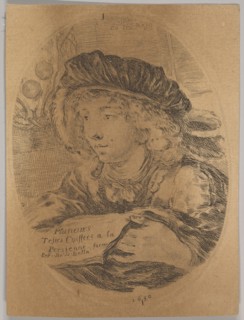 A bust of a young man wearing a cap with feathers, turned three-quarters to the left, the ..., 1650. Creator: Stefano della Bella.
