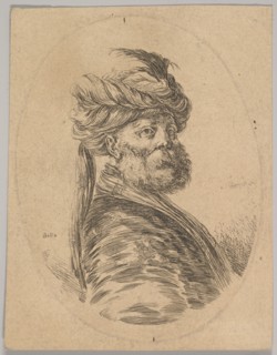 A Turkish man with a beard and turban with one long feather in front, turned three-quarter..., 1650. Creator: Stefano della Bella.