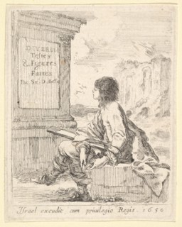 Plate 1: a young man sitting on a stone, facing left in profile, holding a drawing pad in ..., 1650. Creator: Stefano della Bella.