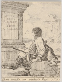 Plate 1: a young man sitting on a stone, facing left in profile, holding a drawing pad in ..., 1650. Creator: Stefano della Bella.