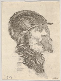Plate 6: head of an old bearded soldier wearing a helmet facing right, from 'Various heads..., 1650. Creator: Stefano della Bella.