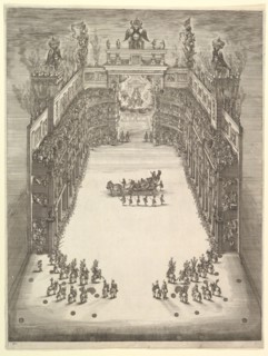 Theater at Modena, seen from above and filled with spectators, with a triumphal car at cen..., 1652. Creator: Stefano della Bella.