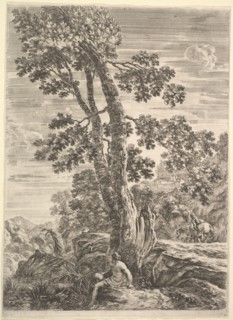 A fisherman at center facing left and leaning against a large tree, a woman walking..., ca. 1652-57. Creator: Stefano della Bella.