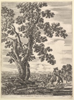 A woman on horseback seen from behind descending a hill to the right, a large tree ..., ca. 1652-57. Creator: Stefano della Bella.