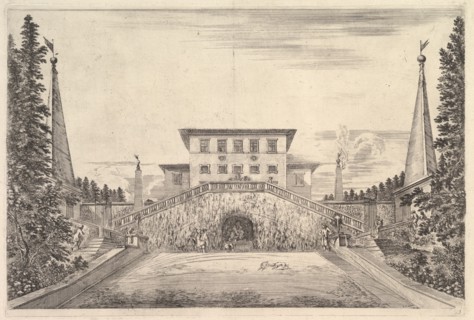 The villa at center flanked by four obelisks, a staircase to either side, a statue in ..., ca. 1653. Creator: Stefano della Bella.