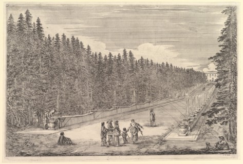 An alley of fountains, a group of people in center, a man and dog seated to right, two..., ca. 1653. Creator: Stefano della Bella.