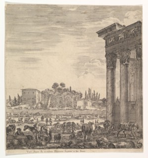 The columns of the Temple of Antoninus to right, a part of the Campo Vaccino in center and..., 1656. Creator: Stefano della Bella.