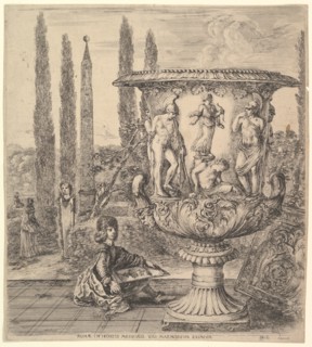 The Medici vase, a large vase to right decorated with a representation of the sacrifice of..., 1656. Creator: Stefano della Bella.