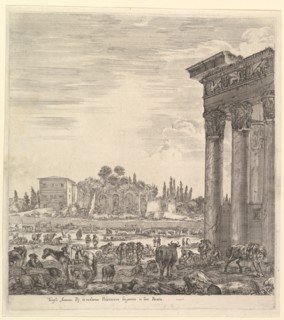 The columns of the Temple of Antoninus to right, a part of the Campo Vaccino in center and..., 1656. Creator: Stefano della Bella.
