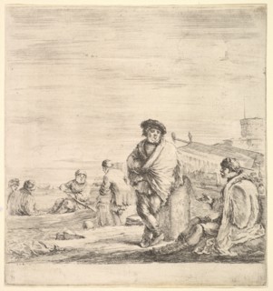 Standing sailor in center talking to a seated Levantine man to left, seen in profil..., ca. 1658-63. Creator: Stefano della Bella.