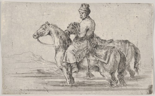 A valet taking two horses to bathe, sitting atop one horse in a river, the other besid..., ca. 1662. Creator: Stefano della Bella.