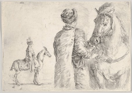 A Polish valet, seen from behind, holding the bridle of a horse to right, a Polish hor..., ca. 1662. Creator: Stefano della Bella.