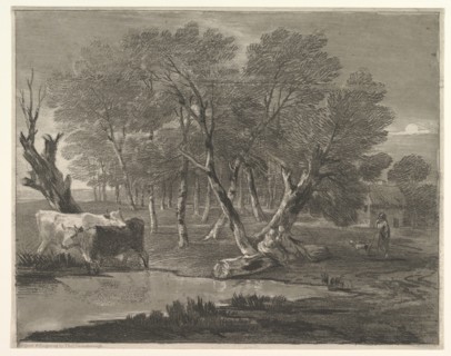 Wooded Landscape with Cows beside a Pool, Figures and Cottage, 1775-80. Creator: Thomas Gainsborough.