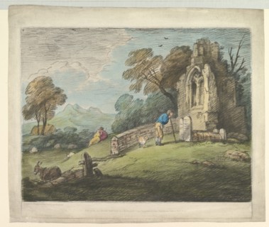 Wooded Landscape with Peasant Reading Tombstone, Rustic Lovers and Ruined Church, August 1, 1797. Creator: Thomas Gainsborough.