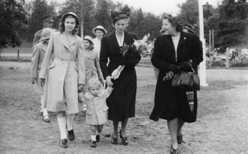 Crown Prince Carl Gustav with mother Sibylla and big sister Margaretha, Stockholm, 1947.  Creator: Unknown.