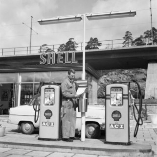 Shell gas station in the Stockholm area, Sweden, 1957. Creator: Unknown.