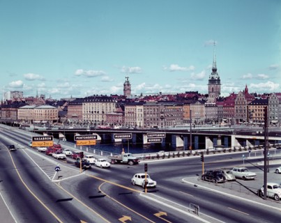 Left traffic over Vasabron, Sweden; with view towards Kornhamnstorg, Stockholm, 1960s. Creator: Unknown.