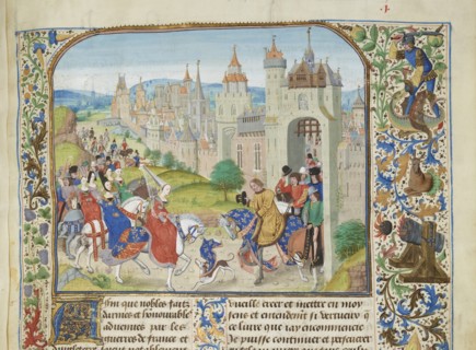 Isabella of France welcomed by her brother Charles IV to Paris, ca 1470-1475. Creator: Liédet, Loyset