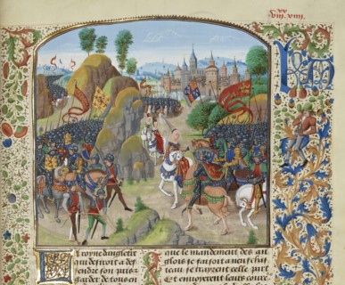 Queen Philippa of Hainault before the Battle of Neville's Cross on 17 October 1346, ca 1470-1475. Creator: Liédet, Loyset