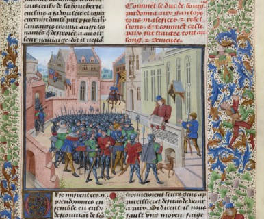 Jean de Heyle reads in Ghent a letter of Philip II the Bold, ca 1470-1475. Creator: Liédet, Loyset