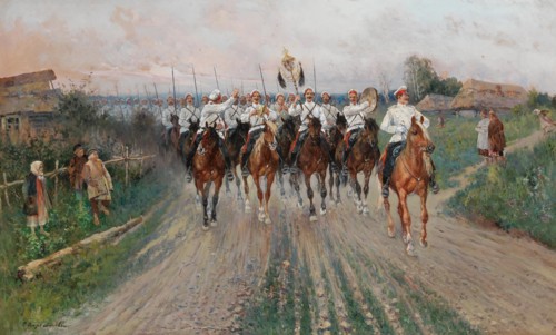 A band goes through the village. Creator: Voroshilov, Sergey Semyonovich