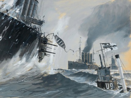 Submarines and warships: the journeys of HMS Aboukir, Hogue and Cressy, 1914. Creator: Heusser, Heinrich