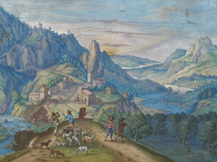 Mountain landscape at nightfall with river valley and figures, 1640. Creator: Besserer, Johann Jacob