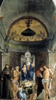 Madonna and Child, musical angels and the Saints Francis, John the Baptist, Job, Dominic..., ca 1487 Creator: Bellini, Giovanni
