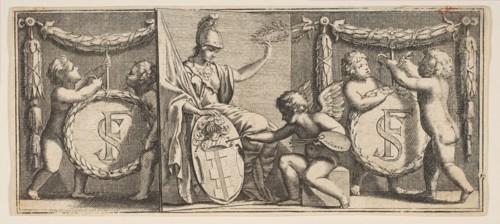 Minerva and the Arms of François Sublet de Noyers Painted by the Geniu..., mid to late 17th century. Creator: Abraham Bosse.