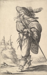 A gentleman, walking towards the left and drawing his sword from the sheath, wearing a plu..., 1629. Creator: Abraham Bosse.