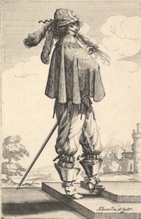 A gentleman wearing a short coat, a helmet, and boots with spurs, standing on the steps an..., 1629. Creator: Abraham Bosse.