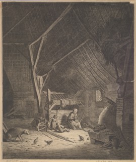 Interior of a Barn with Mother and Two Children, Right in Front a Pig