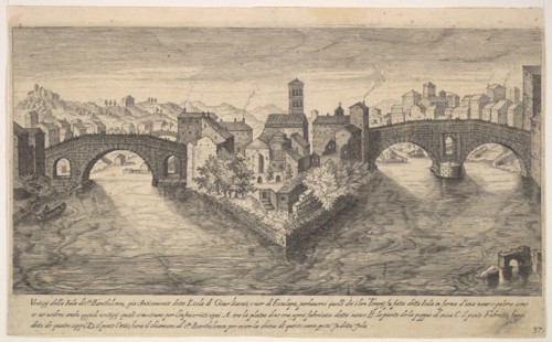 Plate 37: view of the church of San Bartolomeo all'Isola on Tiber Island, Rome, flanked by..., 1606. Creator: Aegidius Sadeler II.