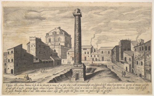 Plate 31: view of the column of Trajan, shown with its pedestal dug out from the earth, su..., 1606. Creator: Aegidius Sadeler II.