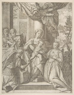The mystic marriage of Saint Catherine who sits at center with the Christ child, angels wi..., 1585. Creator: Agostino Carracci.