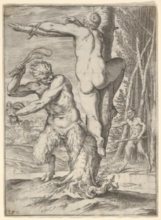 Satyr whipping a nymph, who is shown from behind and bound to a tree, a second saty..., ca. 1590-95. Creator: Agostino Carracci.