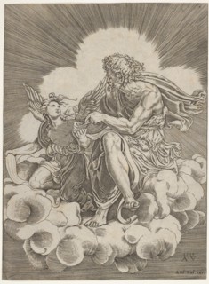 St. Matthew, seated on a cloud and dipping a quill into an inkwell held by an angel..., ca. 1518-20. Creator: Agostino Veneziano.