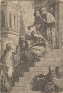 Christ addressing a group of women seated and standing on steps, ca. 1541-44. Creator: Andrea Schiavone.