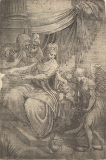 The Holy Family, an angel holding flowers approaching from the right, ca. 1550-53. Creator: Andrea Schiavone.